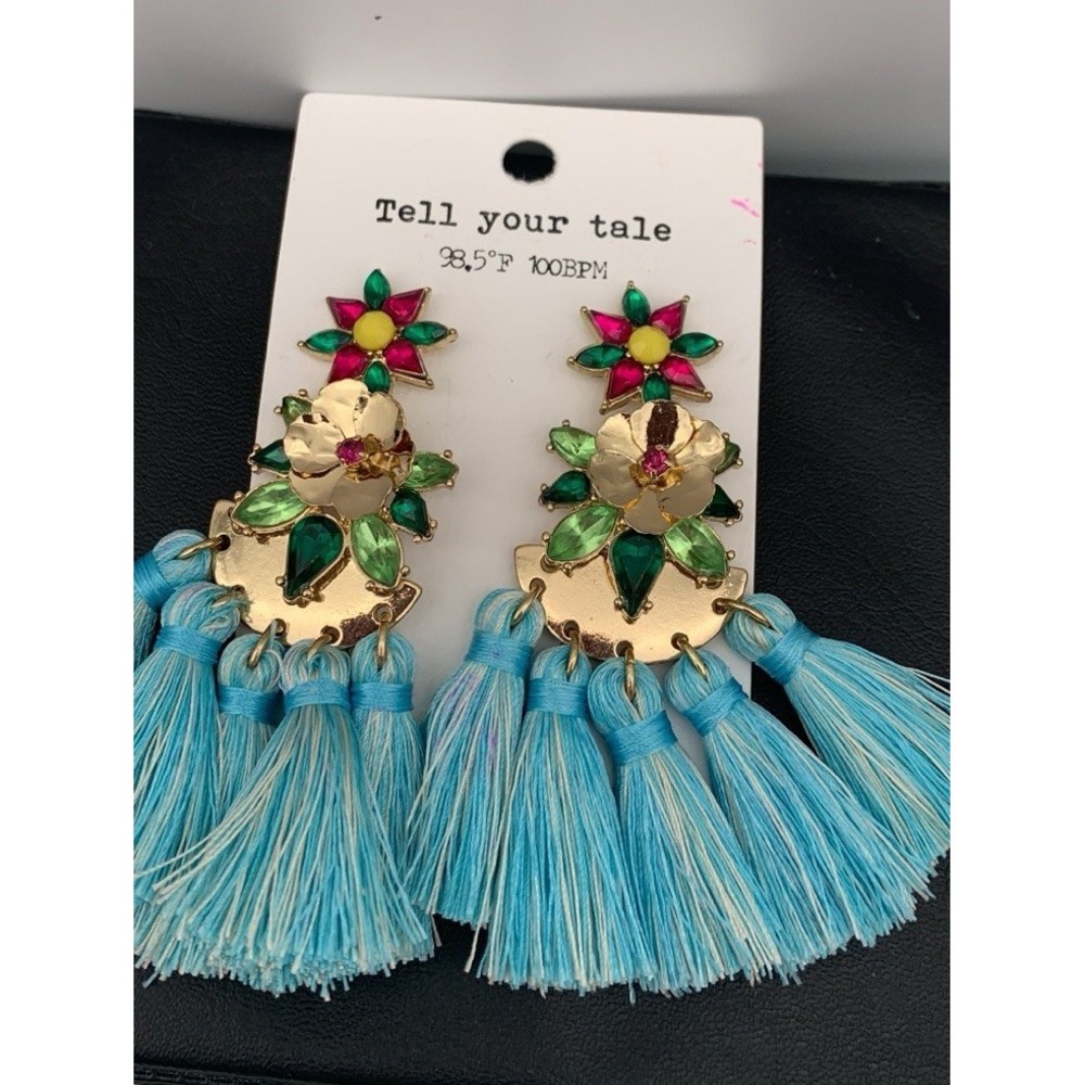 NWT Tell Your Tale 98.5 F 100BPM Floral Gold Tone Colorful Tassel Earrings